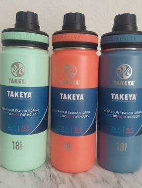 3 Takeya 18oz Double Insulated Stainless Water Bottles 24hCold/12h Hot Spout Lid